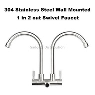 304 Stainless Steel Basin Wall Mounted Double Faucet 1 in 2 out Way Water Tap 2460.1