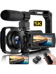 5K相機，48MP UHD Wifi紅外線夜視視頻博客相機，適合視頻記錄，16倍數位變焦觸摸屏Vlog攝像機，附有外置麥克風，鏡頭罩，穩定器，遙控器，2個電池和32G記憶卡
