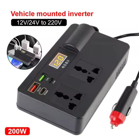 200W Cigar Lighter Adapter Inverter Car Power Adapter Converter DC 12V 24V to AC 220V 7 Ports PD Typ