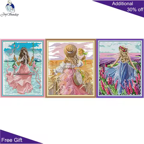 Joy Sunday Sea View Sunflower Lavender Girl RA482 RA483 RA484 Counted and Stamped Home Decor Beauty 