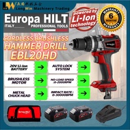 Europa HILT EBL20HD Cordless Brushless Hammer Drill 13MM Metal Chuck Head 65NM 20V Li-Ion Battery So