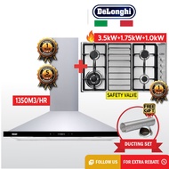 DELONGHI 1350M3/HR Designer Hood DH-8043 + 4 Sabaf Burners Stainless Steel Hob IL 419 AGD DX
