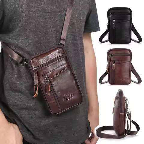 Men's Leather Waist Packs Phone Pouch Bags Male Small Chest Shoulder Belt Bag Crossbody Bags