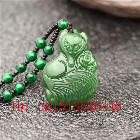 Carved Fox Rose Jade Pendant Natural Chinese Green Beads Necklace Charm Jadeite Jewellery Fashion Lu