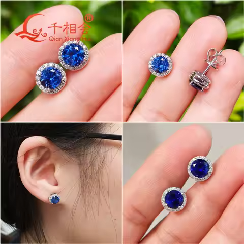 Lab Created Gemstone Halo Stud Earrings, 6mm Round 925 Silver Wide 8mm Moissanite Halo Fine Jewelry 