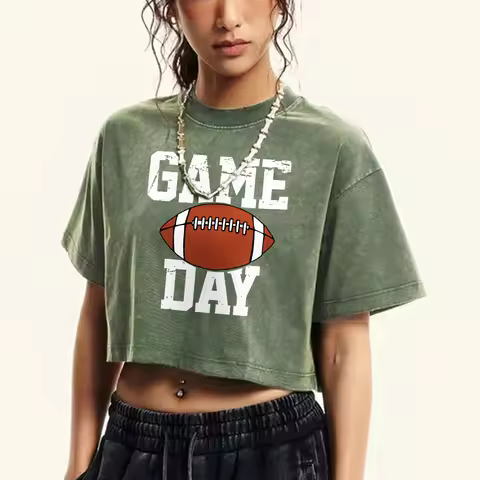 Game Day Rugby Letter Graphic Print Female T-Shirts Washed Fitness Crop Top Harajuku Summer Clothing