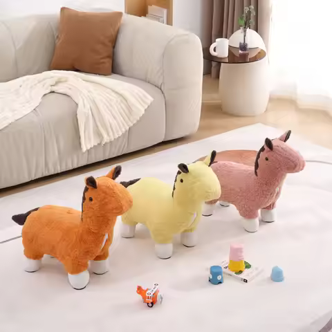 Plush Pony Ride-On Footrest Kids Stuffed Animal Stool Living Room Sofas and Seating Children’s Furni