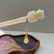 天然煙紫和田玉髮簪發釵發飾 煙紫帶翠 純手工製作 玉質細膩 好運