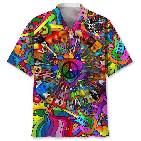Vintage Colorful Peace Pattern Hawaiian Shirt For Men 3D Printed Floral Short Sleeves Lapel Shirts S