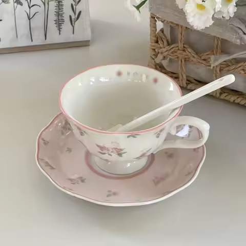 French Coffee Cup Set Exquisite Pink Floral Handle Mug Plate 2Pcs Suit High-end Vintage Coffee House