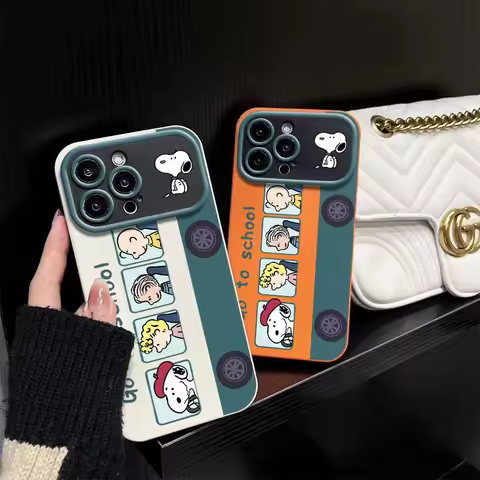 Cartoon School Bus Snoopy Charlie Brown Phone Case for iPhone11 12 13 14 15 16 17 Pro Max Plus Green