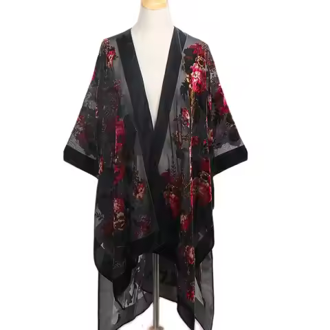 WeHello Bohemian Women's Burnout Velvet Kimono Long Cardigan With Beach Coverup Luxury Holiday Cardi