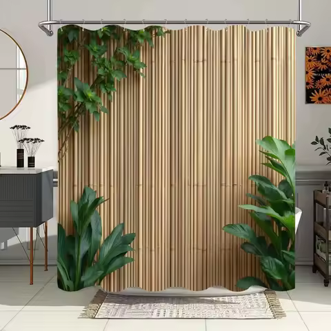 Tropical Garden Shower Curtain - Bamboo Fence, Lush Green Foliage, Polyester, Serene Bathroom Decor,