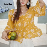 Lovito Casual Blouse Ruffle Hem Lace Up Spring/summer Yellow Blouse for Women L141LD042 Lovito Blus 