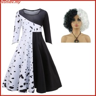 Cruella De Vil Cosplay Costume Gown Black White Polka Dot Maid Dress Performance Adult Women Hallowe