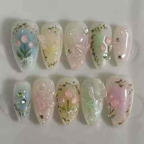 24pcs Short Almond Press on Nails 3D Flower Butterfly Fake Nails with Glue Colorful Natural Acrylic 