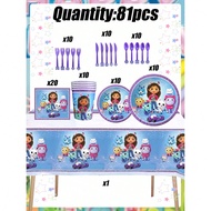 81pcs Purple Style Gabby's Dollhouse-Themed Party Disposable Decorative Tableware Set, Including 10p