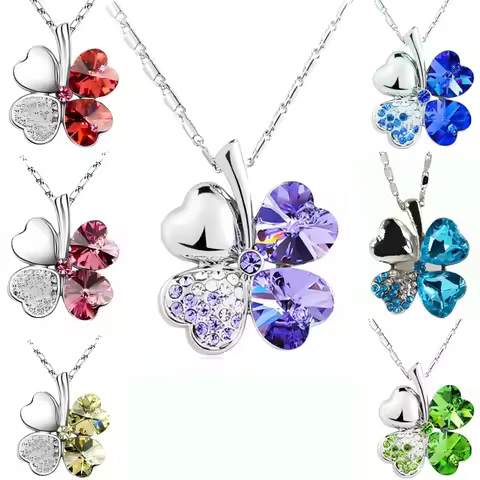 Crystal 4 Four Leaf Leaves Clover Pendant Necklaces Lover Birthday Gift Quality Fashion Jewelry Drop