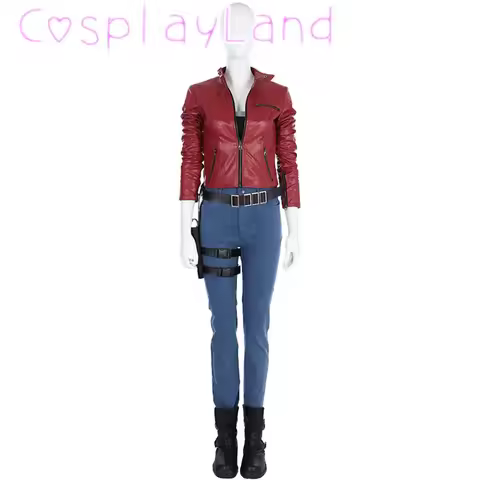 Game RE2 Claire Cosplay Costume Halloween Masquerade Outfit With Accessories Red Leather Coat Women 