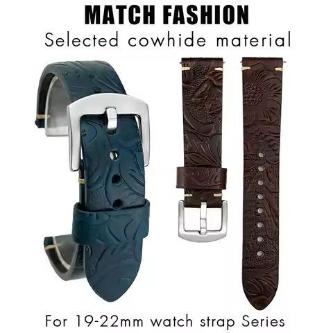 Handmade Carved Cowhide Leather Cintage Watch Strap 19mm 20mm 21mm 22mm for Oris Seiko Hamilton Cert
