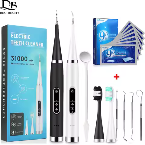 Tooth Cleaner Whitener Set Sonic Dental Scaler Toothbrush + 9D Teeth Whitening Strips Tartar Stains 