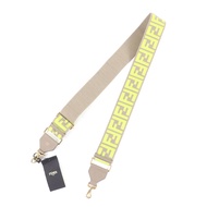 FENDI 8AV134 女士肩帶，帆布和皮革拼接，飾以 Zucca 圖案，灰褐色和黃色，義大利製造，成色極佳。