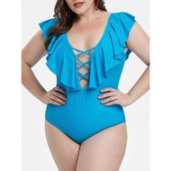 Plus Size Strap Integrated Bikini Swimsuit 2XL Women Ruffle Lattice Plus Size Plunge One-piece Swims