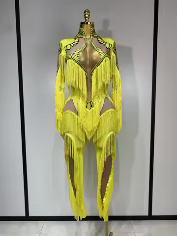 Yellow Tassel Stretch Bodycon Jumpsuit Nightclub Gogo Dance Clothing Dj Rave Outfit Nightclub Party 