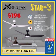 [YEOKA LIGHTS AND BATH] BESTAR STAR-3 36/46/56 Inch Energy Saving DC Motor Ceiling Fan with iFeel Thermal Sensor, 3 tone