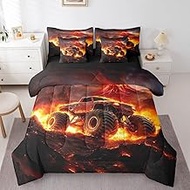 Manfei Retro Truck Comforter Set Queen,3D Burning Fire Off-Road Vehicle Bedding Set,Volcano Lava Fla