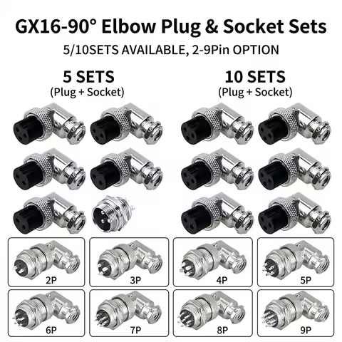 L-Shape GX16 Aviation Connector 2 3 4 5 6 7 8 9 Pin Male Female Plug Socket Set 5/10PCS 90 Degree El