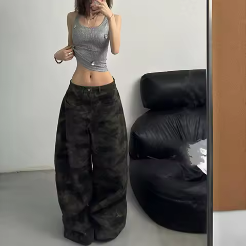 American Vintage Camouflage Jeans Women Streetwear Y2K Baggy High Waist Wide Leg Denim Pants Female 