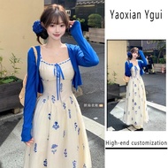 Store French gentle style blue floral slim suspender dress for women Klein blue sun protection cardi