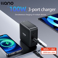 Llano ที่ชาร์จพับเก็บได้ชุดที่ชาร์จที่ชาร์จความเร็วสูง100W 3-Port 2 USB C + 1 USB-A PD 65W พร้อมที่ช
