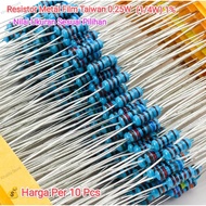 (10 Pcs) Metal Film Resistor 6K8 2K2 3K3 4K7 5K1 1/4W 0.25W 1% Body biru