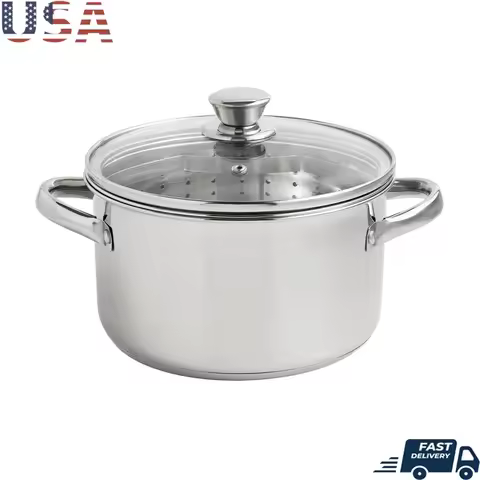Stainless Steel Steamer Pot 4Qt with Glass Lid Induction Safe Dishwasher Safe Steaming Veggies Fish 