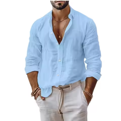 Men Blouse Shirts Summer Turn Down Collar Long Sleeve Button Solid Color Loose Beachwear Linen Blous