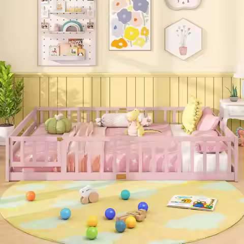 Queen Size Floor Bed Kids Montessori Bed Frame with Full Length Safety Guardrails-Pink