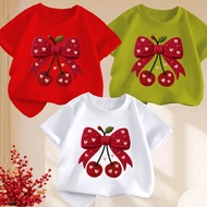 3D Cherry Ribbon Girls' T-Shirt Top Ages 1-10 Girls' Ribbon T-Shirt/ Ages 1-10 Years