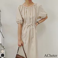 【ACheter】 韓版chic氣質純色一字肩寬鬆系帶棉麻泡泡五分袖長版連身裙洋裝 # 116536 FREE 杏色