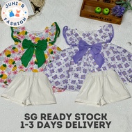 Kids Summer New Cute Flutter Sleeve Dress with Butterfly Bow Floral Pattern Girls Clothes Set