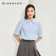 GIORDANO ผู้หญิง เสื้อเชิ้ตแขนพัฟจีบ เสื้อเชิ้ตพื้นฐานเรียบง่าย ปุ่มปิด เสื้อเชิ้ตแฟชั่นลำลองแฟชั่นค