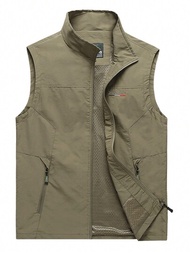 男款薄款多口袋戶外背心夾克，適用於釣魚和攝影