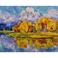 Autumn Landscape Original Painting Lake Mountain Grand Teton National Park 油畫原作