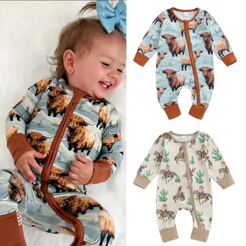 FOCUSNORM 0-12M Infant Baby Boys Western Jumpsuit Long Sleeve Horse Cactus Print Zipper Autumn Rompe