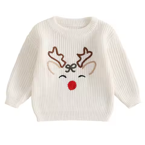 Toddler Christmas Sweaters Long Sleeve Reindeer Embroidery Knit Pullovers Kid Jumper Tops