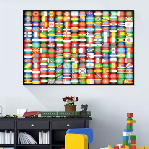 Abstract Flags of The World Nursery Wall Art Mural World Map Poster 196 Country Flags Education Canv