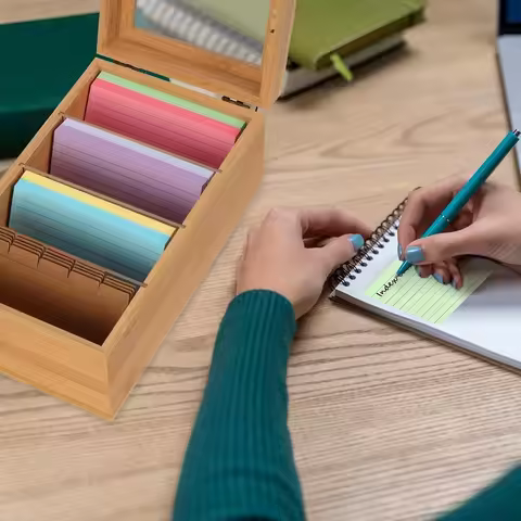 AM-Index Card Organizer With Dividers, Bamboo 3X5 Card Holder Box, 4-Compartment Recipe Box With Lid