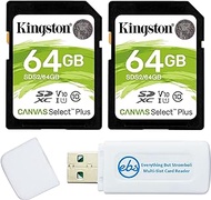 Kingston Canvas Select Plus 64GB SD Memory Card for Camera (2 Pack Bundle) SDXC Card Class 10 UHS-1 U3 100MB/s Read Speed (SDS2/64GB) Bundle with (1) Everything But Stromboli SD &amp; Micro Card Reader