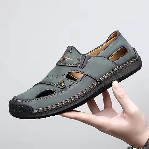 Men Genuine Leather Shoes Men's Sandals Durable Handmade Stitching Close Toe Non Slip Shoes For Indo